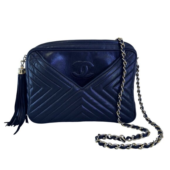 Vintage Chanel Womens BlackLambskin Leather Tassel Camera Chain Shoulder Bag